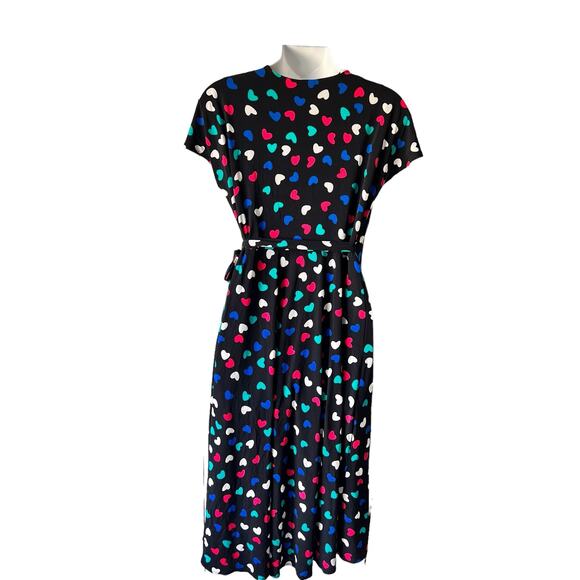New* Wrap Dress Size Medium Black Pink Green Hearts Fit & Flare Colorful READ - Picture 12 of 16